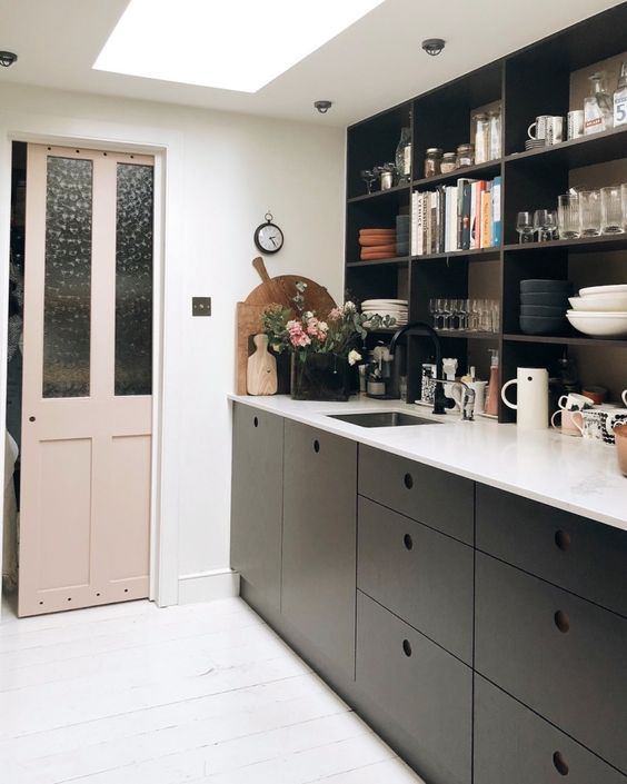graphite grey minimalist kitchen with closed lower cabinets and an open upper section as ann option