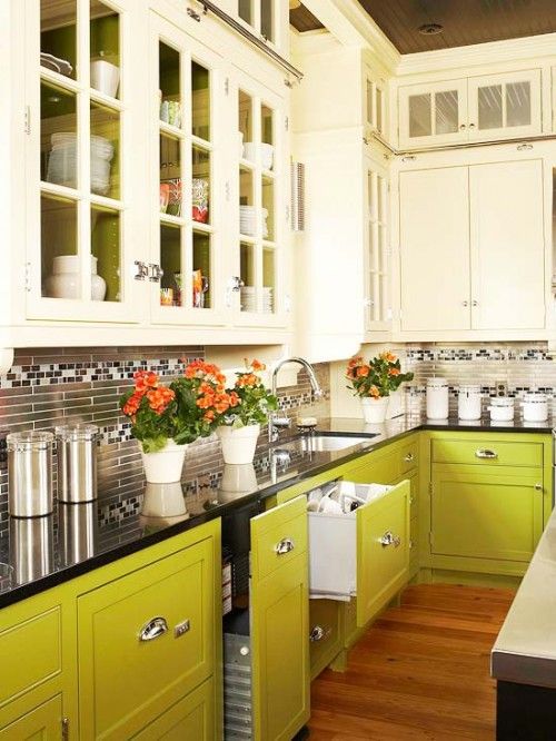 Lime green and cream cabinets create a bold combination