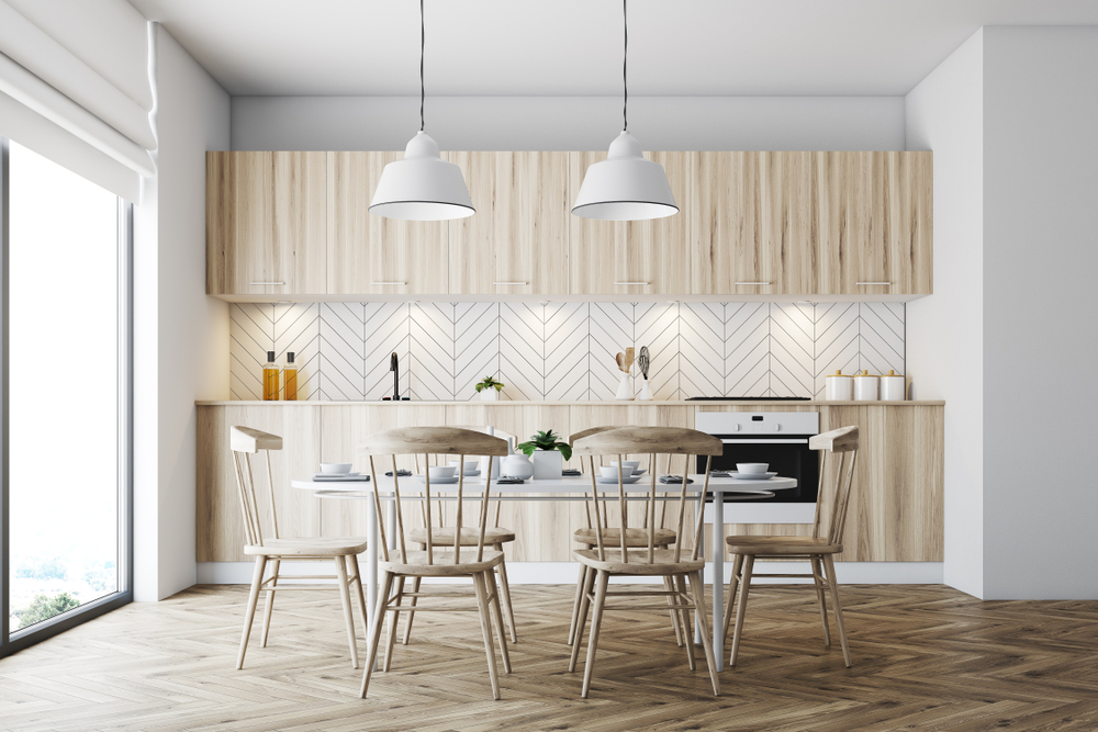 White,Dining,Room,Interior,With,A,Panoramic,Window,,A,Wooden