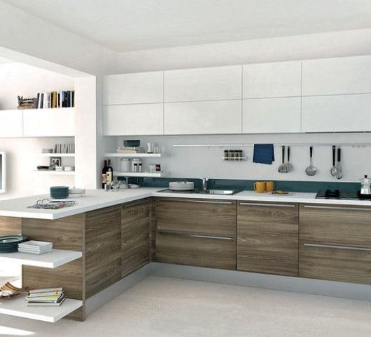a bold white and wood L-shaped kitchen with