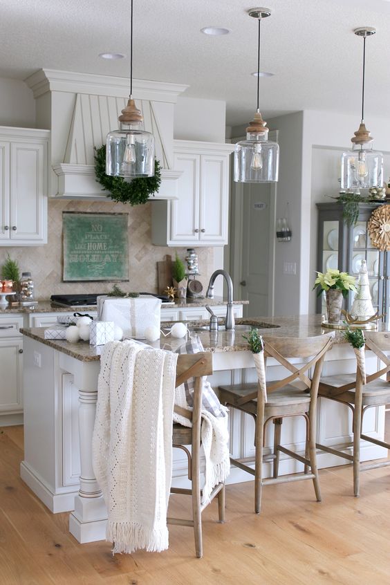 a cozy farmhouse kitchen with a row of glass