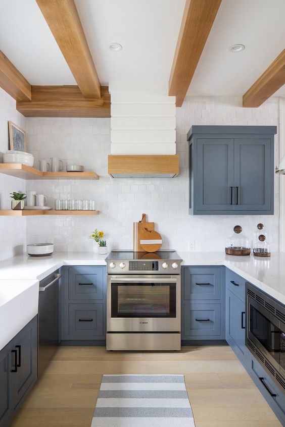 an elegant kitchen with classic blue cabinets_ whit