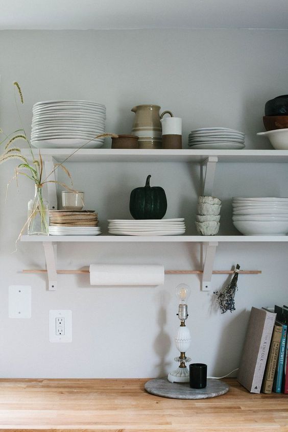 open minimalist shelves in the kitchen and a_yythkg
