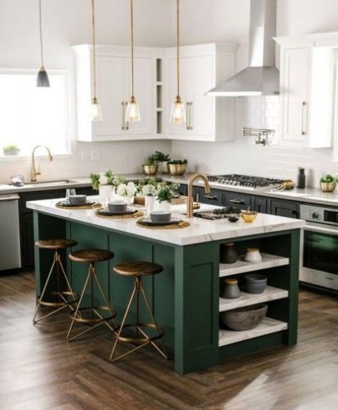 black cabinets with white countertops and a forest_