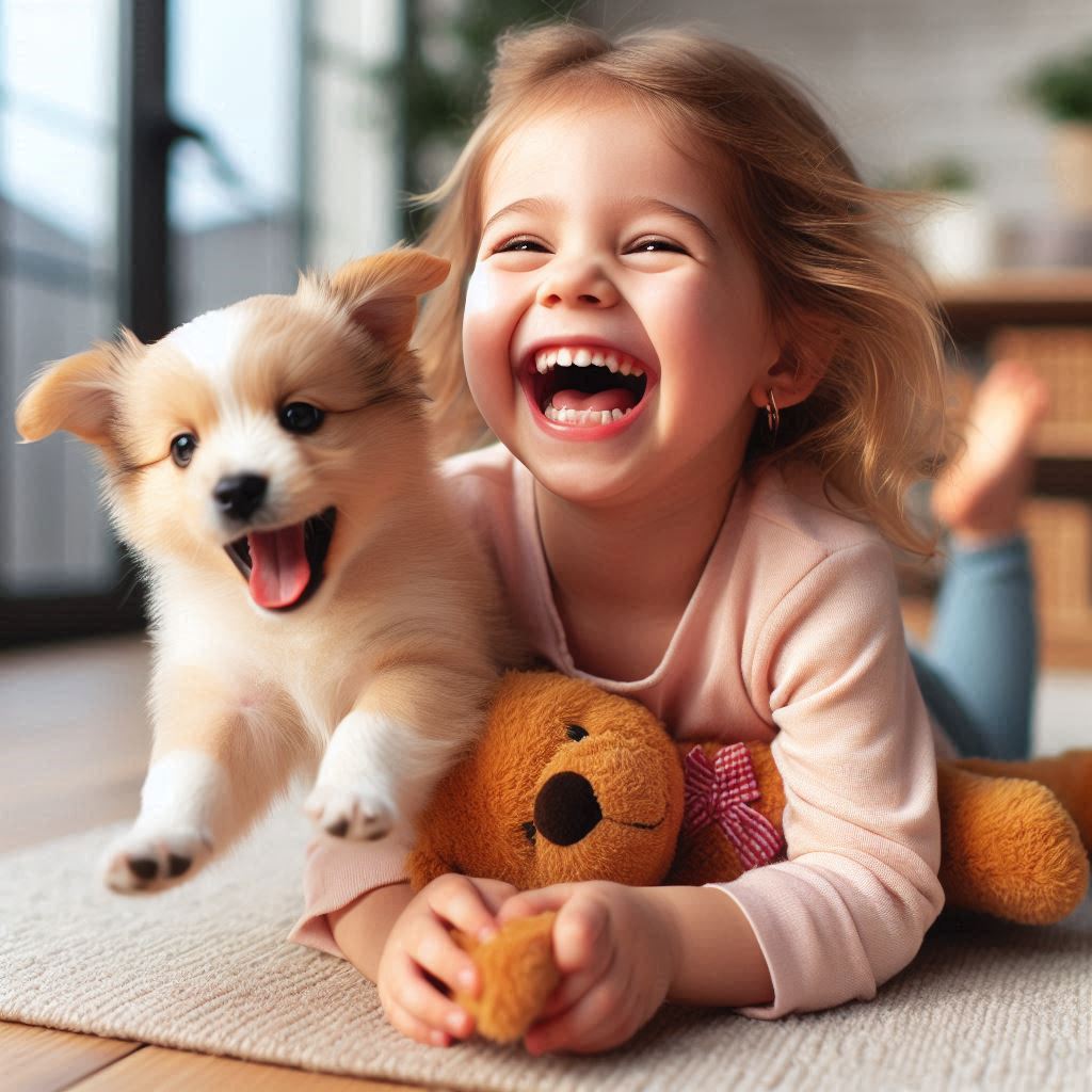 1-2 yaşlarında bir kız çocuğu ve tam karşısında bir neşeli köpek yavrusu, kız çocukunun üzerine zıplıyor ve çocuk gülerek mutlu şekilde köpek yavrusuna sarılıyor
